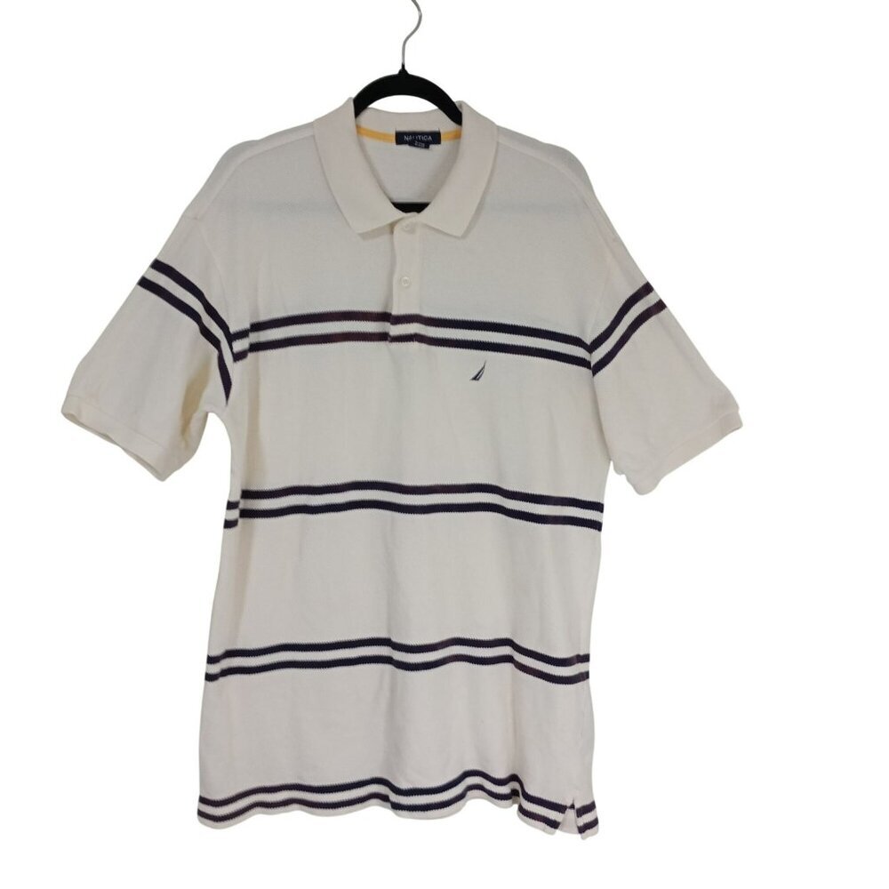 Nautica Polo Shirt Mens XL White With Brown Stripes 100% Cotton Short Sleeve